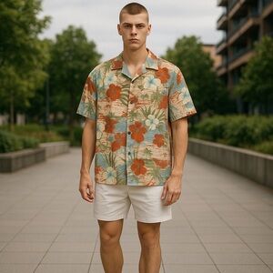 Pierre Cardin 100% Cotton Hawiian Beach Vacation Button Up Shirt Size Medium